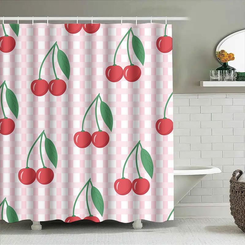 Fruit Shower Curtain Red Cherries Gingham Check Pattern for Bathroom Decor