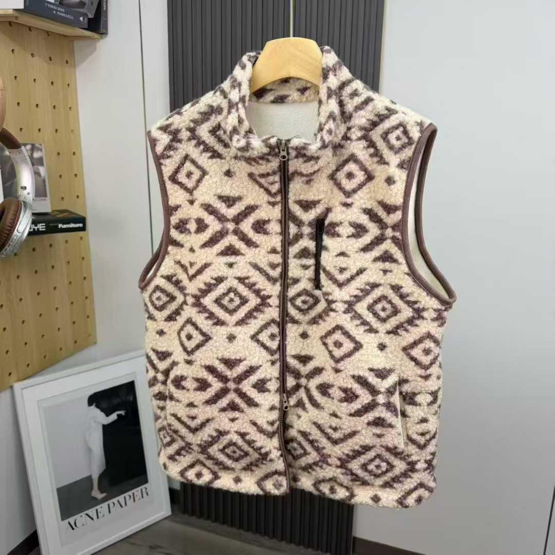 Unisex Retro Fair Isle Geometric Fleece Zipper Vest: Thick, Warm Layer Large