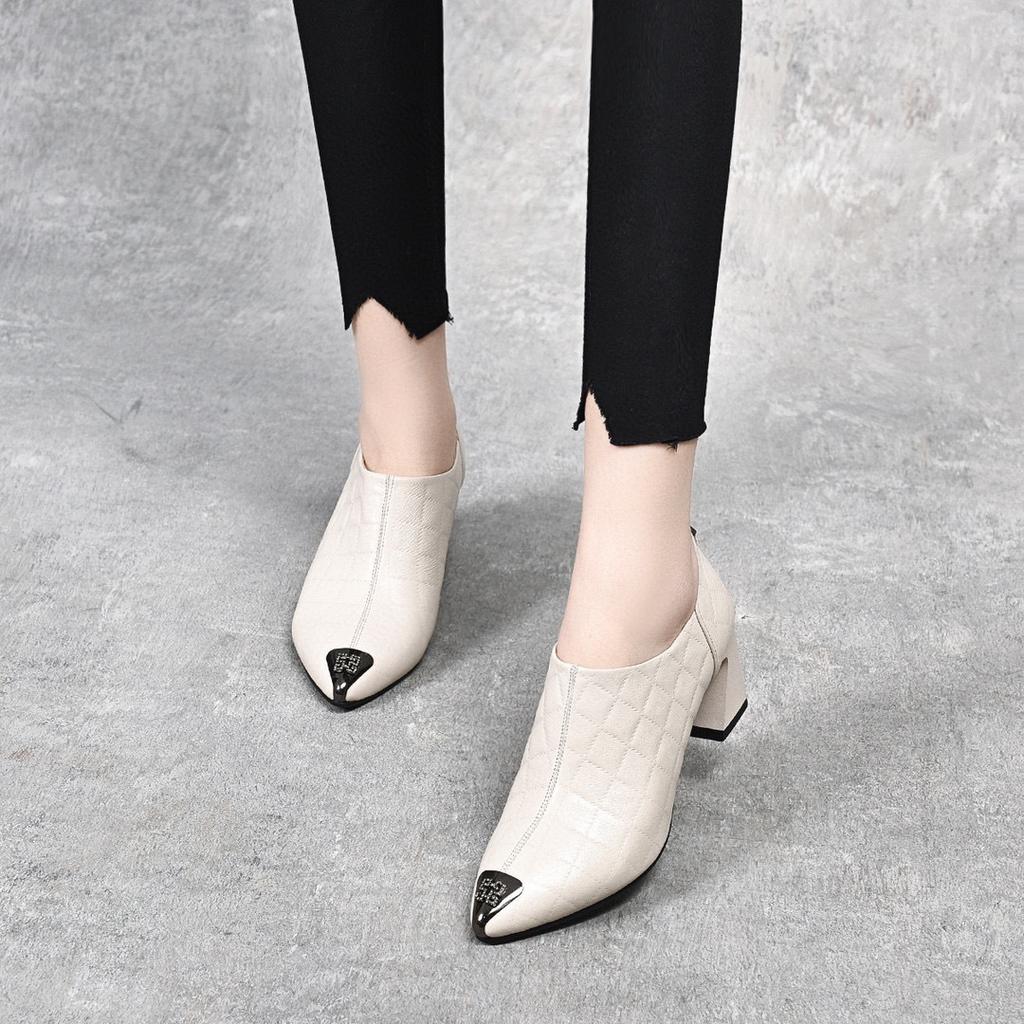 Ankle Boots New Small Fragrant Wind Rhombus Pattern Iron Bag Pointed Deep Mouth Women's Shoes First Layer Cowhide Temperament High Heels