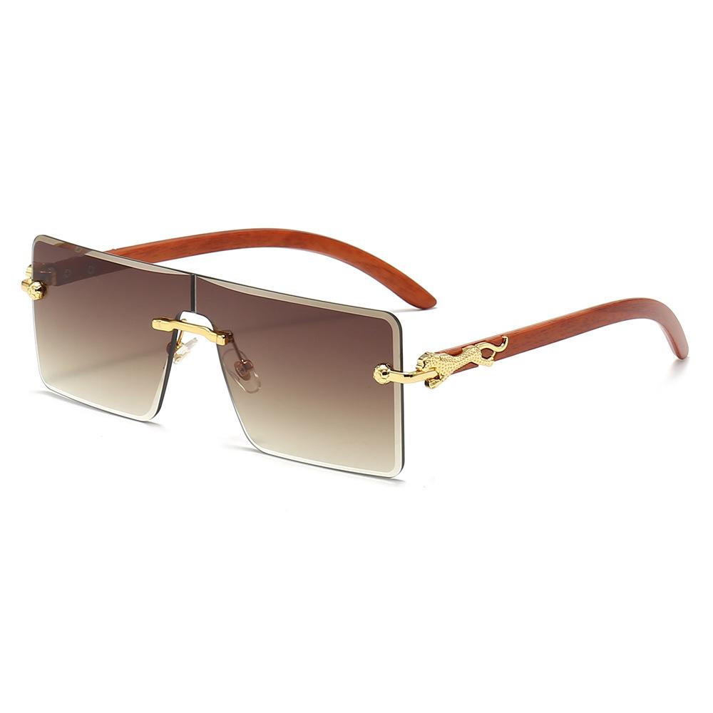 Retro Square Sunglasses Frameless Design Cheetah Wood Grain Legs Fashion Trend One-Piece Eyewear