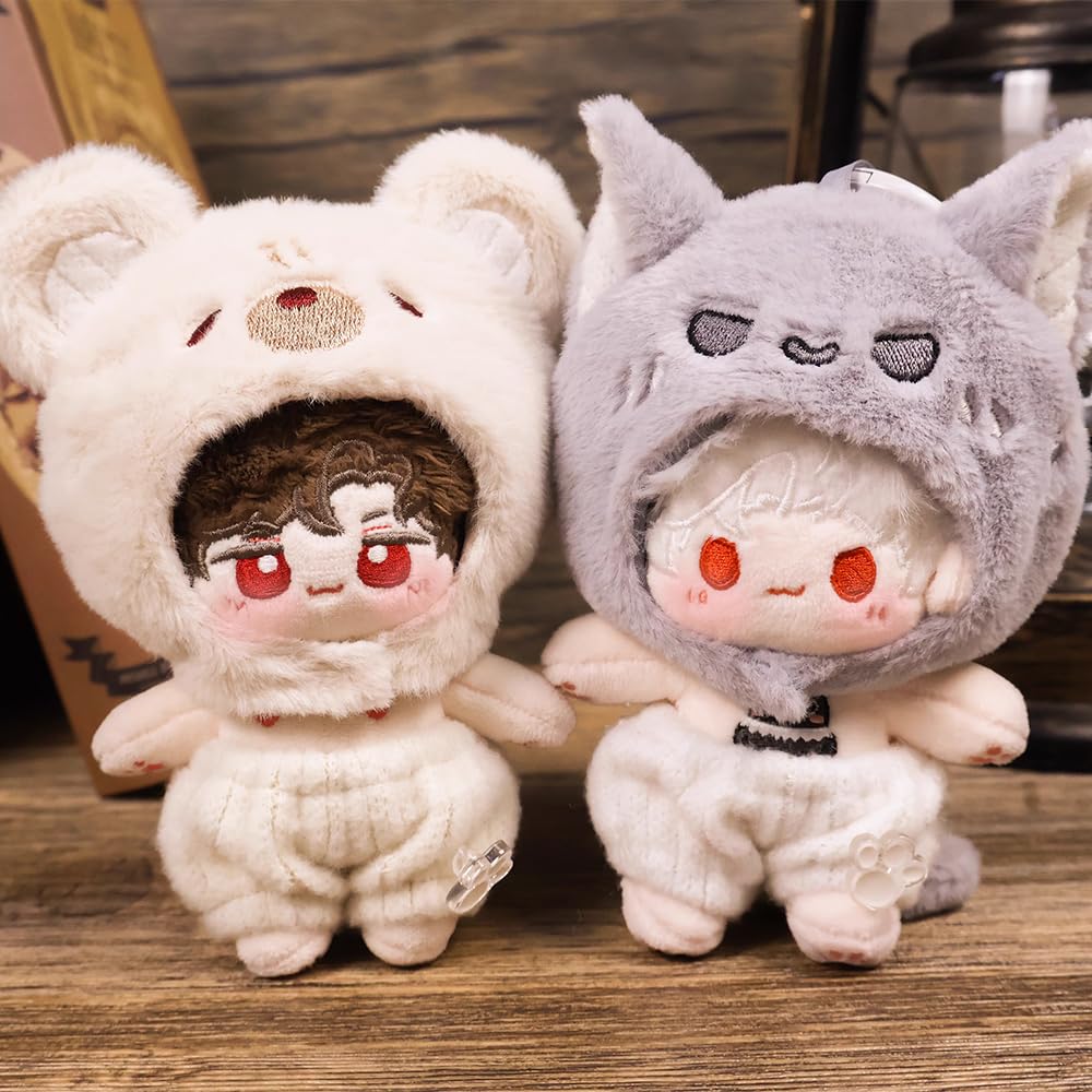 Niannyyhouse Plush Doll Clothing Set (10-15cm) - Hat, Cape, Pants, Wolf Bear Pattern - Plush Doll Dress-Up Accessory (Gray)