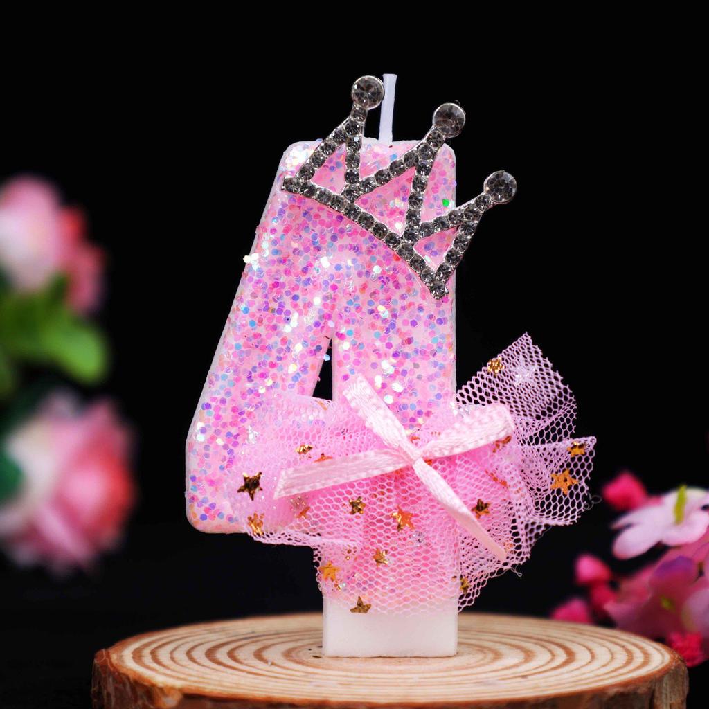 Pink Crown Bow Birthday Candle with Noble Number - Cake Decoration