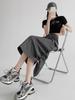 Cargo Midi Skirt Women Summer Slim High Waist Slit A-line Skirt Stitching Drawstring Female Streetwear Vintage Y2K Grey