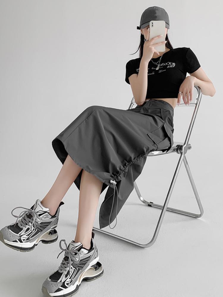 Cargo Midi Skirt Women Summer Slim High Waist Slit A-line Skirt Stitching Drawstring Female Streetwear Vintage Y2K Grey
