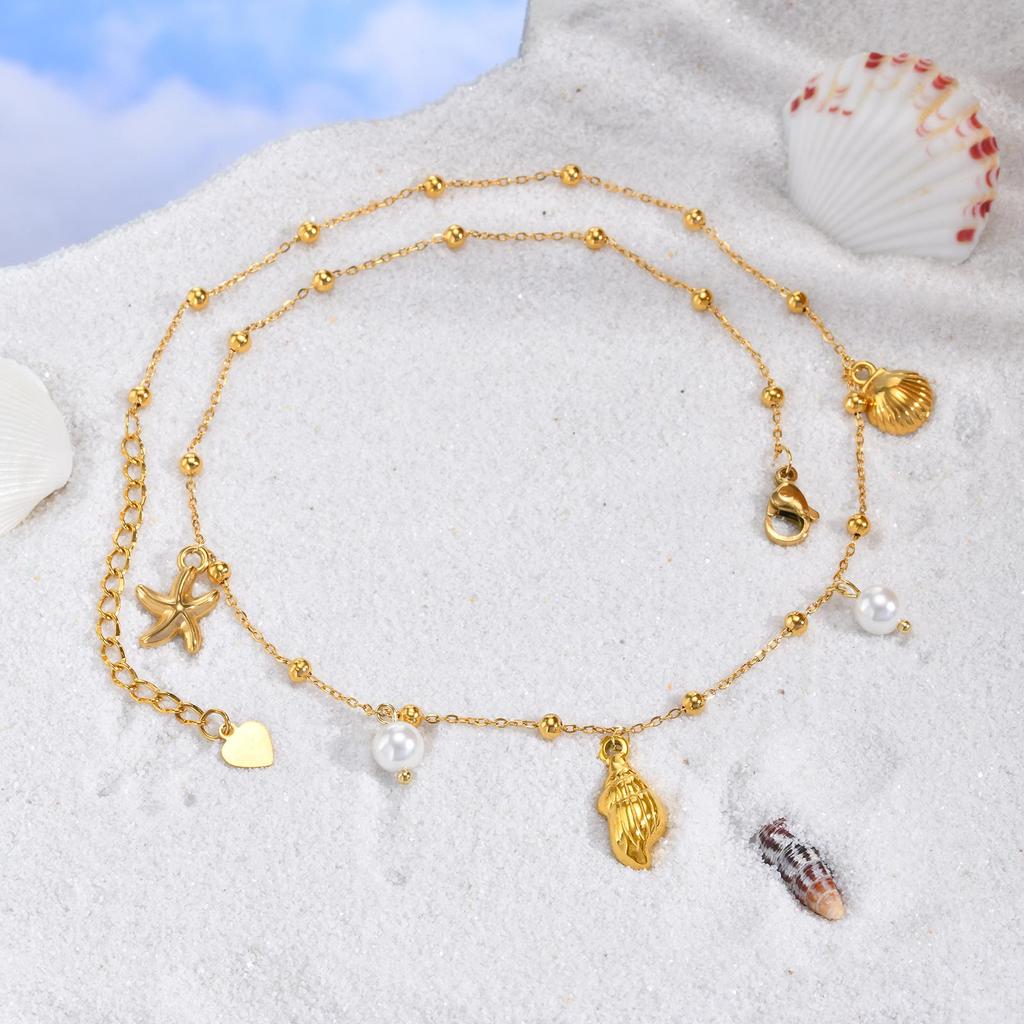 Fashion Ocean Style Imitation Pearl Fish Conch Pendant Necklace for Women Waterproof Stainless Steel Jewelry Gift Party Daily