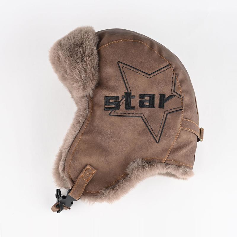 Men Winter Bomber Hat Outdoor Motorcycle Windproof Warm Faux Fur Pilot Earflap Hat Leather Thermal Ushanka