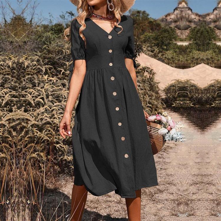Women's Summer Cotton Linen V-Neck Short Sleeves Buttoned Dress European American Style