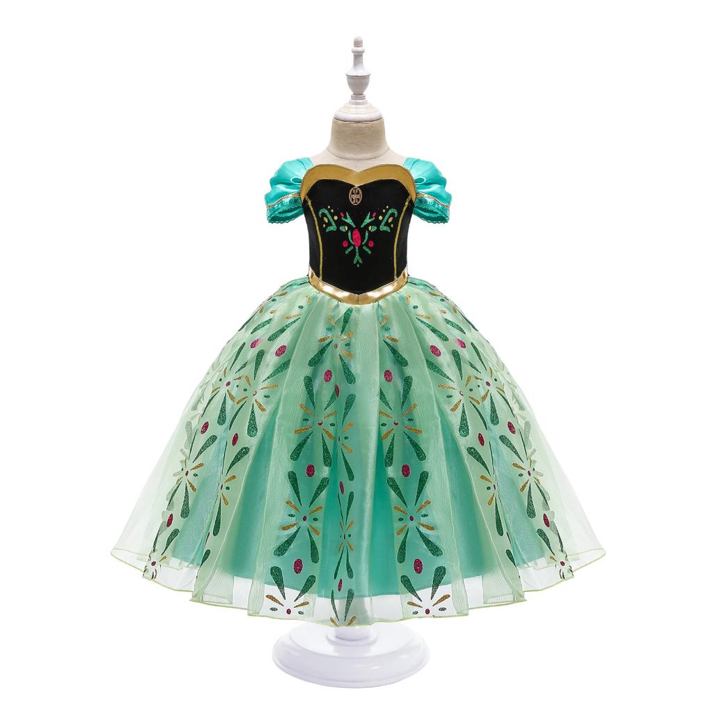 Anna Princess Green Cosplay Dress Girls Elsa Theme Costume Frozen Role Play Gown Party Outfit Kids Performance Wear