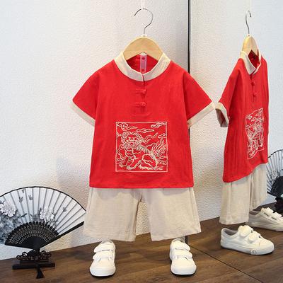 Jungen Tang Anzug Sommer Kurzarm Anzug Rot Chinesischer Stil Mädchen Hanbok Kleid Kinder Kindergarten Aufführungskleidung