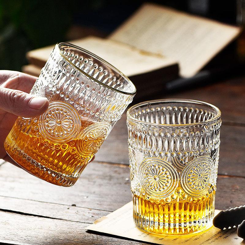 2pcs/1pcs Gold Edge Glass 300ml/350ml Beverage Cup Flower Pattern Carving Water Cups Transparent Thickened Glass Wholesale Cups