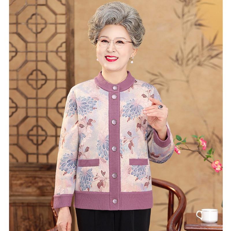 New mother spring and autumn clothing new middle-aged printed top-0-year-old middle-aged women's long-sleeved shirt
