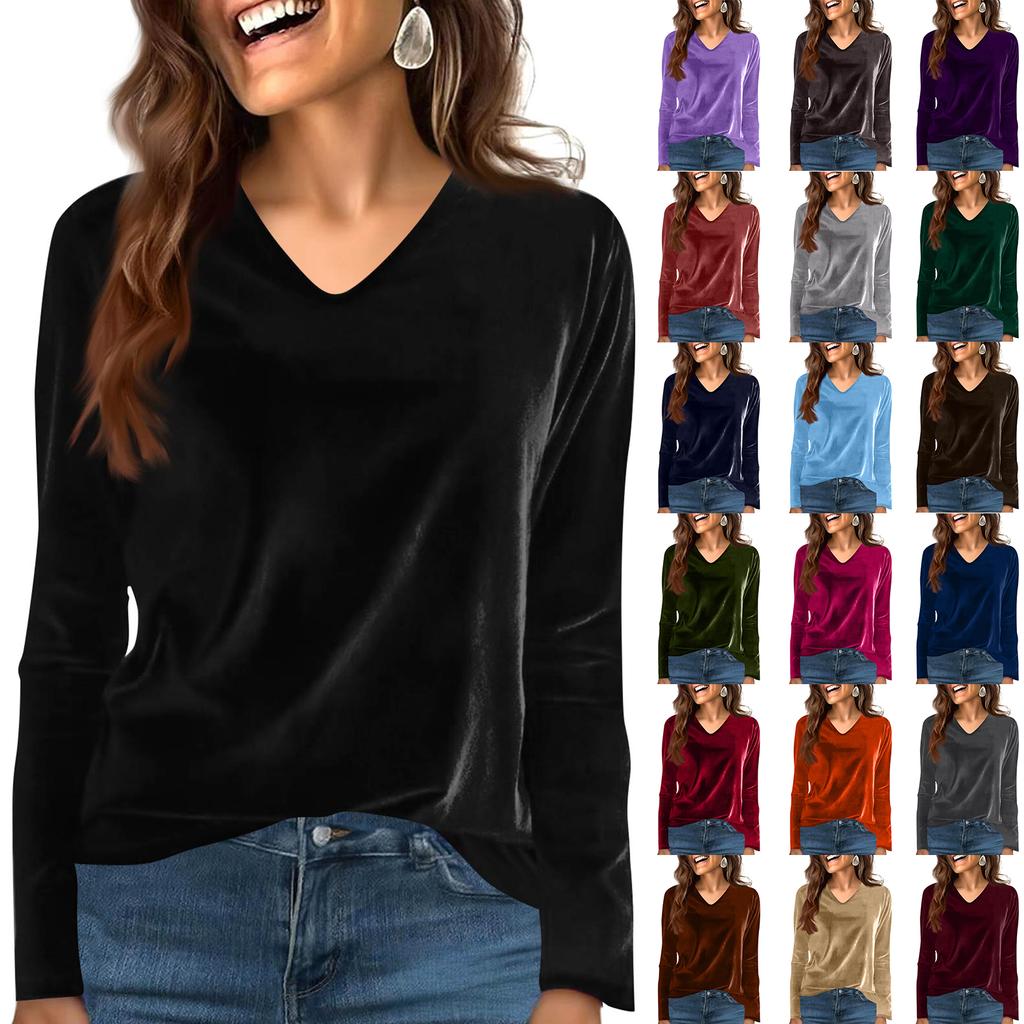 Women's Fashion Casual Velvet Solid Colour V-Neck Long-Sleeved T-Shirt Top