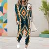 Women Plus Size Round Neck Long Sleeve Brown Plaid Printed Two Piece Set Cuffed Top Cuffed Pants With Pockets