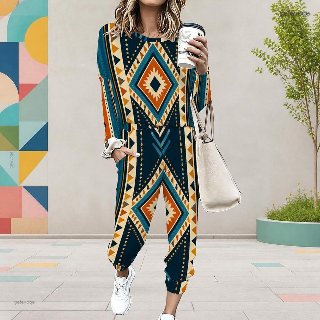 Women Plus Size Round Neck Long Sleeve Brown Plaid Printed Two Piece Set Cuffed Top Cuffed Pants With Pockets