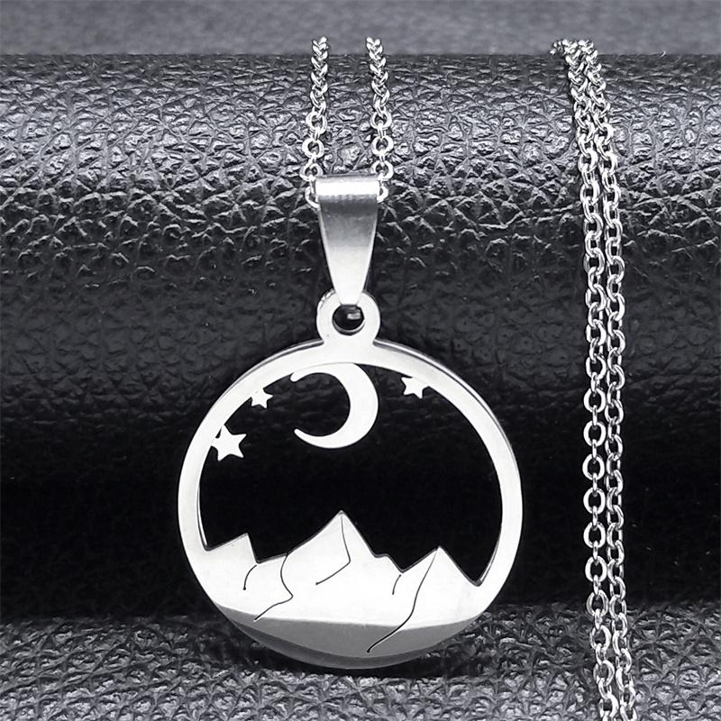 Moon Star Desert Scenery Necklace for Women Men Stainless Steel Silver Color Mountain Necklaces Jewelry Collier Femme N7242S02
