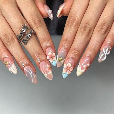 3D Flower French Wearable Almond Shell Nails - Simple Three-Dimensional Design False Nail Art Tips.