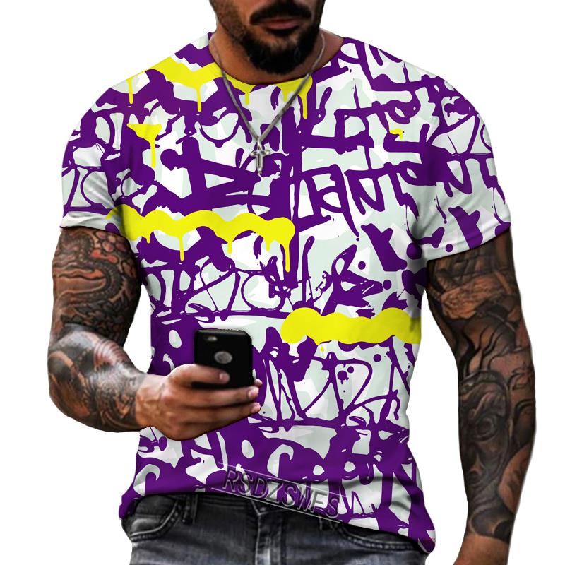 New Design Men's T-shirt Iron Chain Black and White Colorful Painting Style Short Sleeve T-shirt High Quality Fat