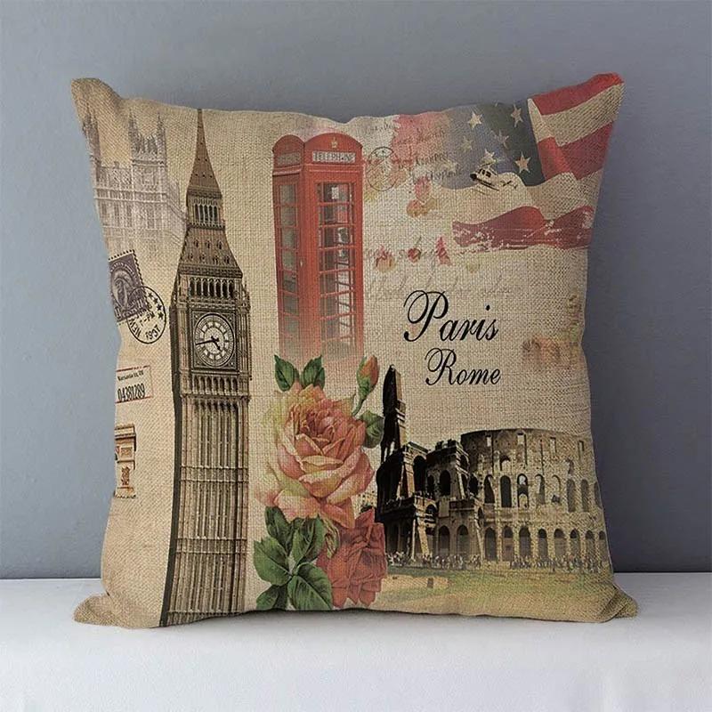Retro cozy couch cushion cover home decorative pillows London  scenic printed square  pillowcase seat back cushions