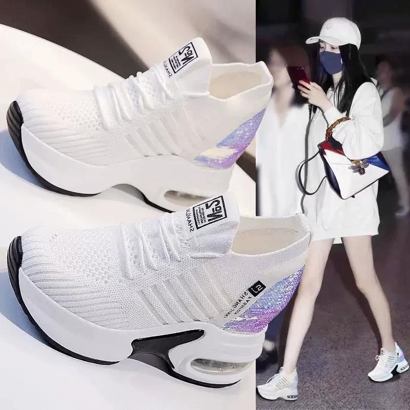 Spring and Summer Mesh Height Increasing White Shoes for Women, Breathable Casual Sports Shoes