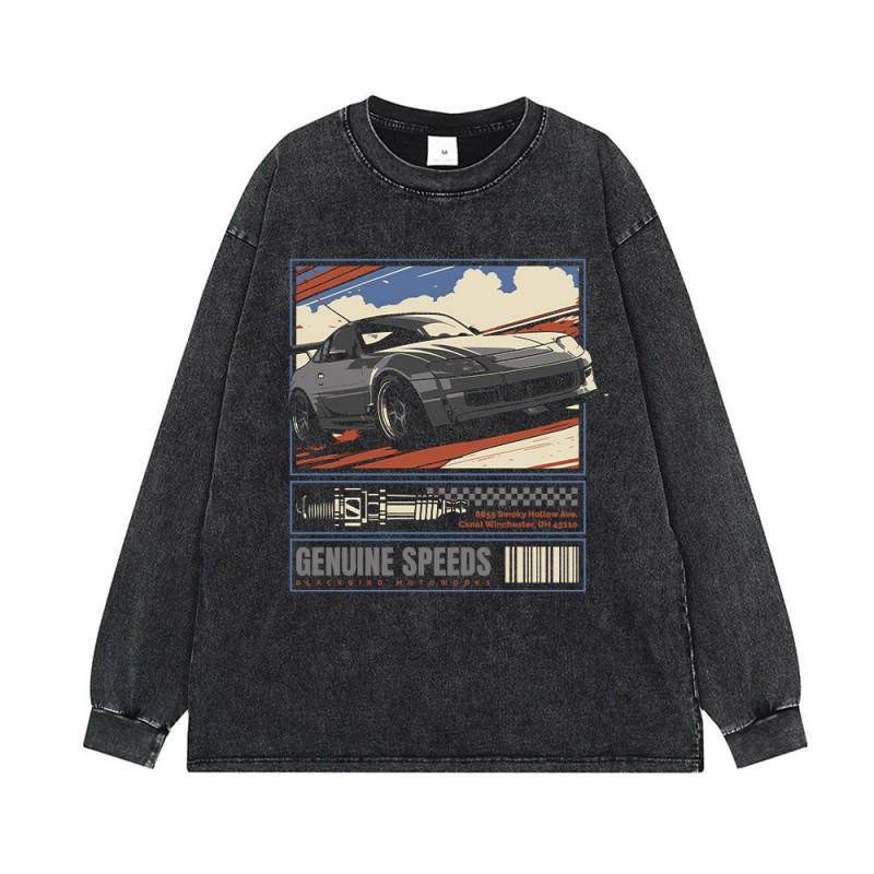 Vintage Comic Racing Car Print Washed Distressed Cotton Tee Loose Fit Drop Shoulder Short Sleeve Mens T-Shirt