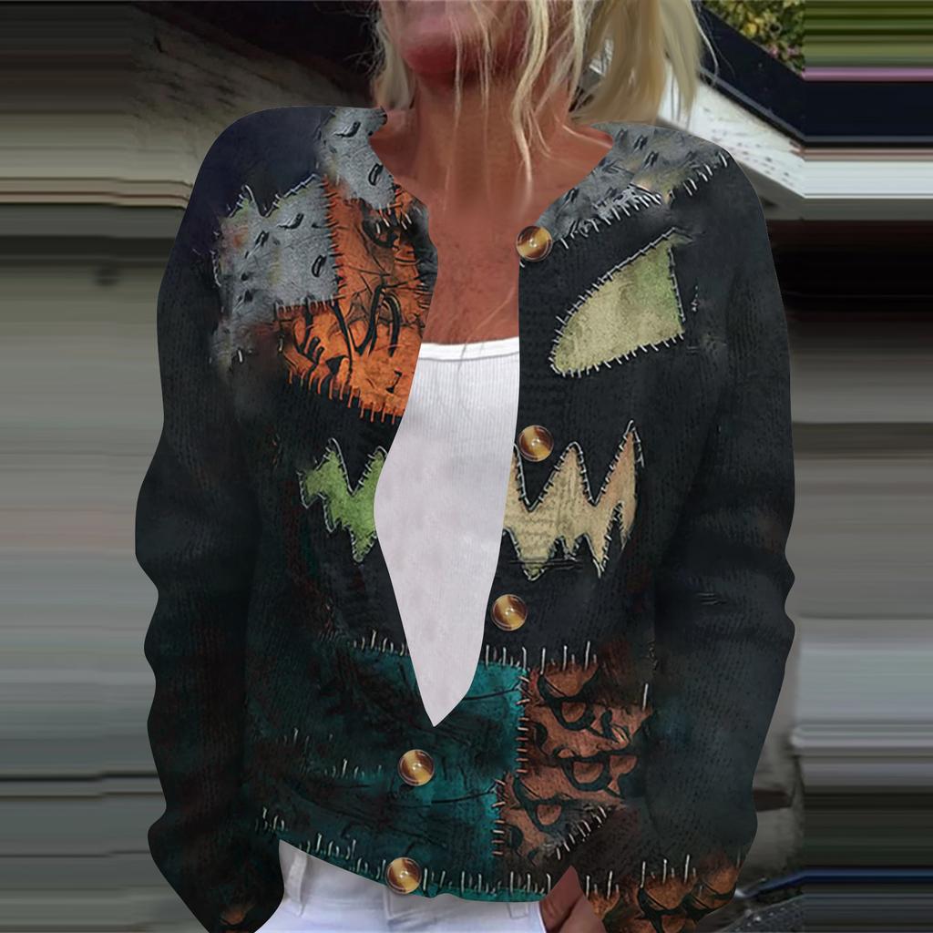 Women's Fashion Printed Long Sleeve Knitted Cardigan Button Down Jacket