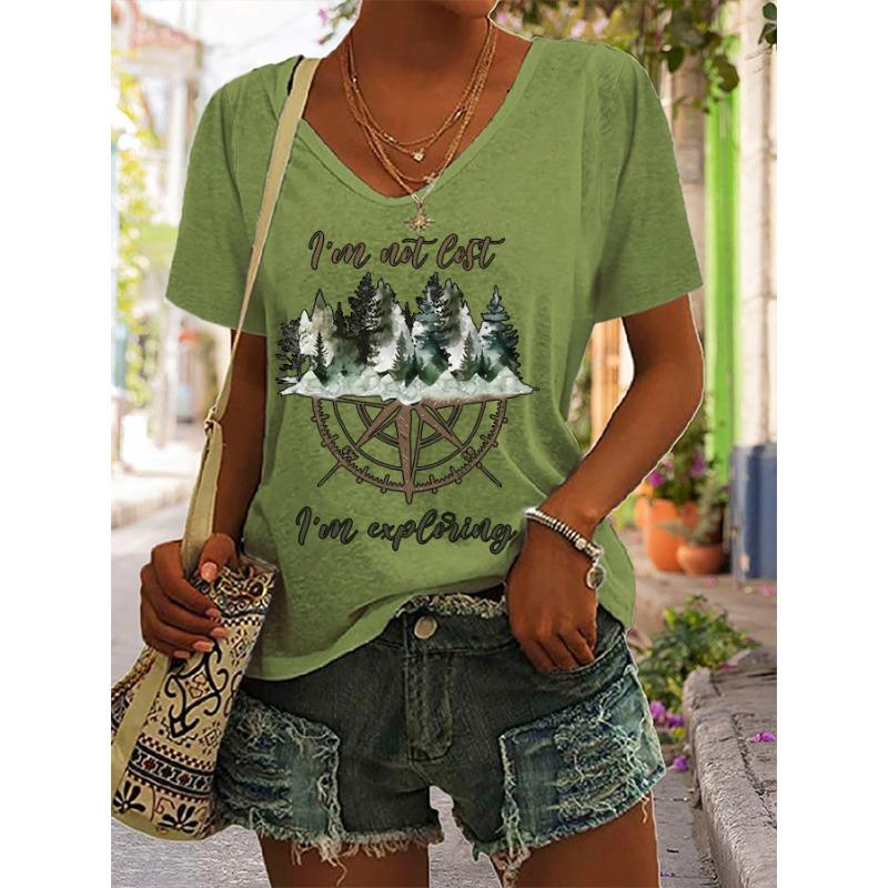 Women's Hiking Forest Print T-Shirts Summer Short Sleeve Casual Loose V Neck New Arrival
