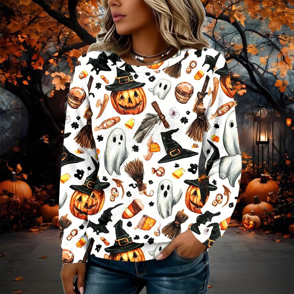 Women's Flannel Long Sleeve T-Shirt with Halloween Print Neck Casual Top