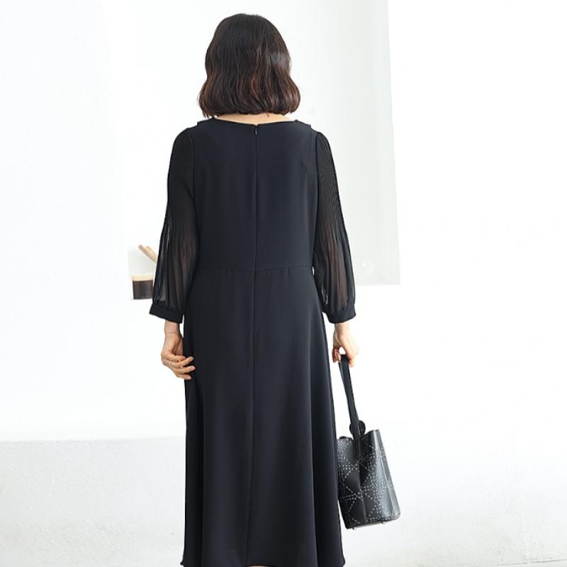 Shiz Madam Women Round Chain Collar Sleeve Pleated Long Dress N2756