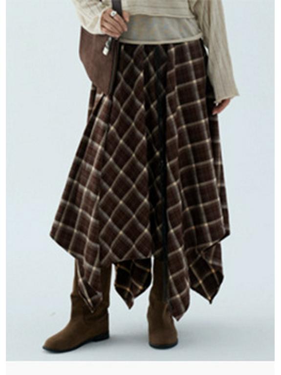 Vintage Woolen Plaid Academy Skirt - High Waist, Slimming Mid-Length Design for Casual Wear
