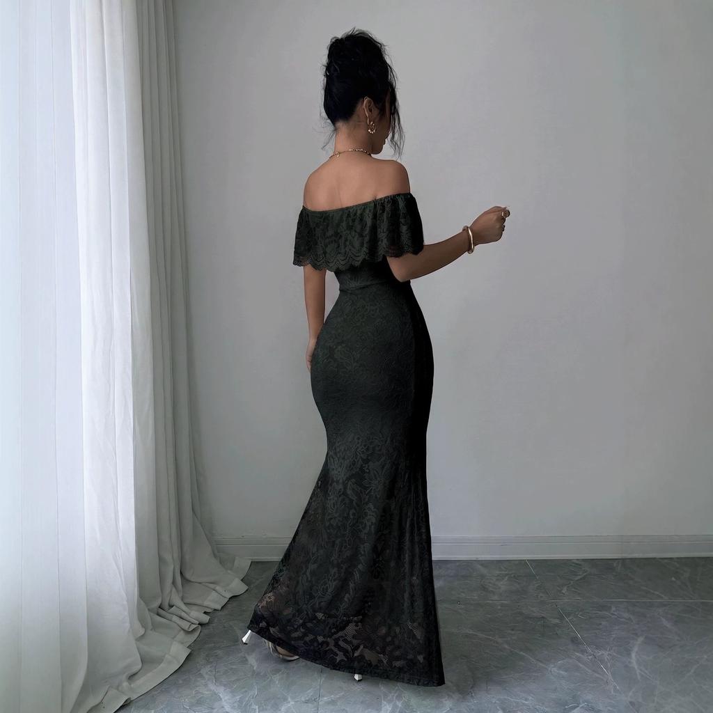 European and American autumn elegant one-word shoulder ruffle lace splicing long dress dress