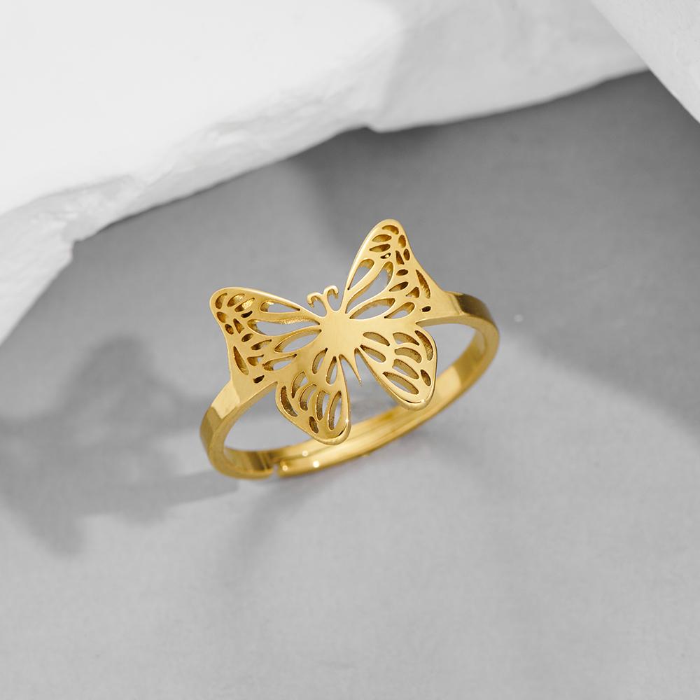 Aesthetic Butterfly Animal Couple Ring For Lovers R Stainless Steel Gold Plated Open Ring Luxury Quality Jewelry
