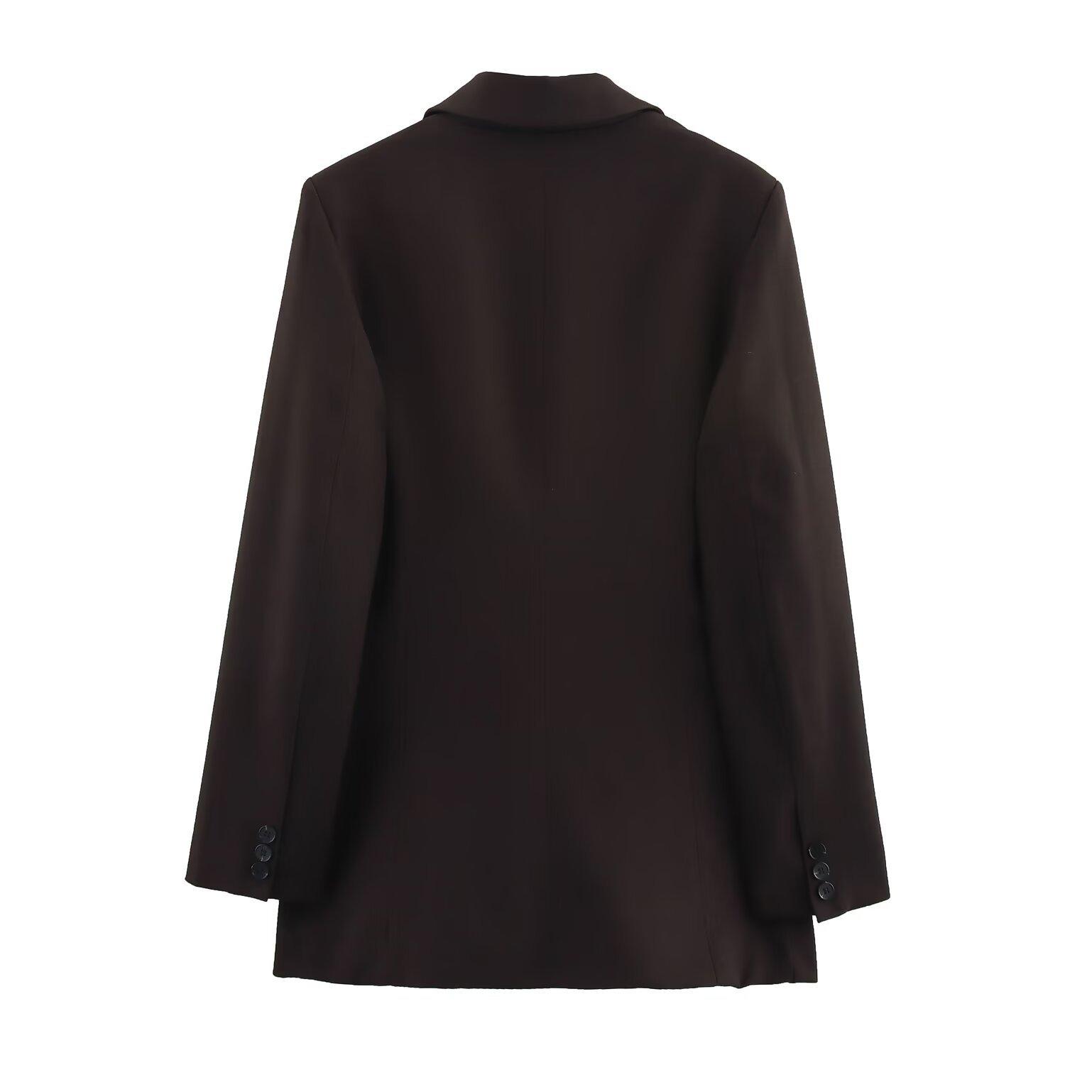 

Весна 2025 новый продукт, женская одежда, приталенный блейзер с длинным рукавом, с подплечниками и двубортной застежкой на пуговицы XS темно-коричневого