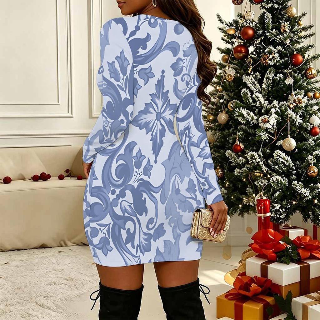 Women Plus Size Long Sleeve V Neck Crisscross Hollow Bodycon Mini Evening Club Outfit Dress
