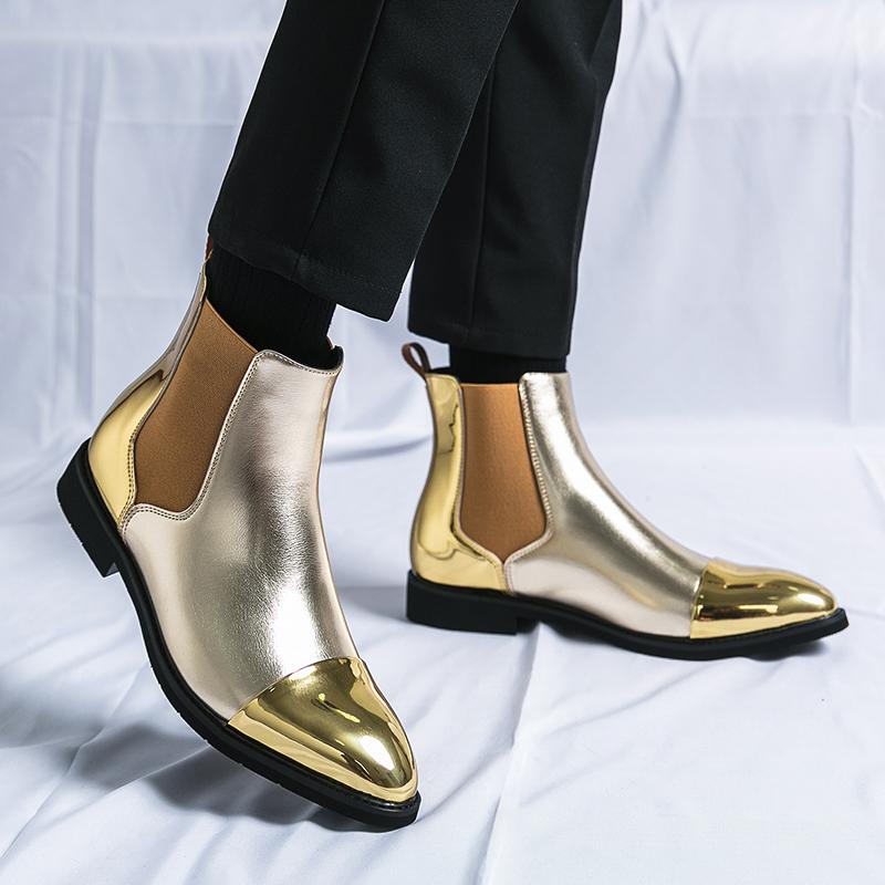Luxury Gold Men's Chelsea Boots Plus Size 46 Leather Dress Shoes Men Ankle Boots Pointed Elegant Social Shoes Man zapatos hombre