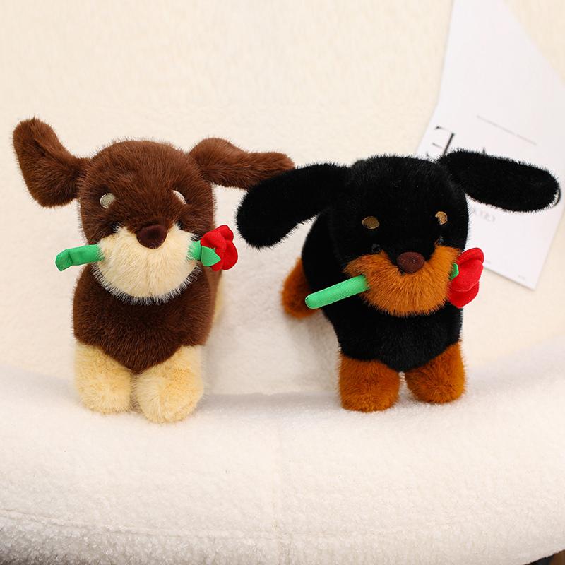 Non-Toxic Dachshund Dog Rose Soft Plush Toy Brown Black Puppy Dog Flowers Stuffed Plushies Dolls Valentine'S Day Wedding Gifts For Children
