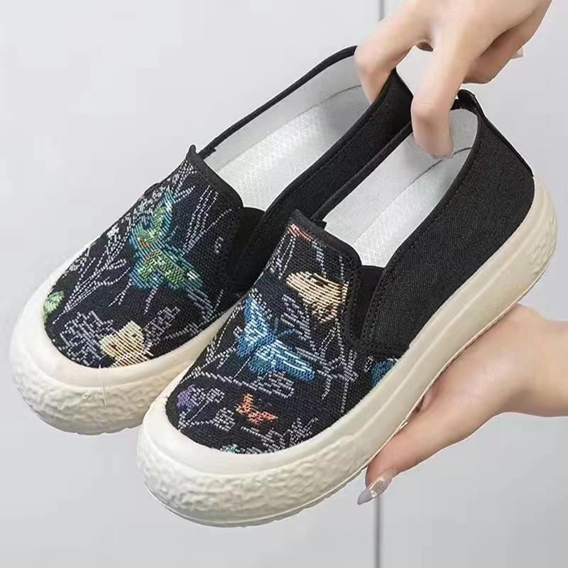 Zapatos de tela verano nuevo mujer planos lona casual moda estudiante tacón alto suela blanda estilo étnico zapatos