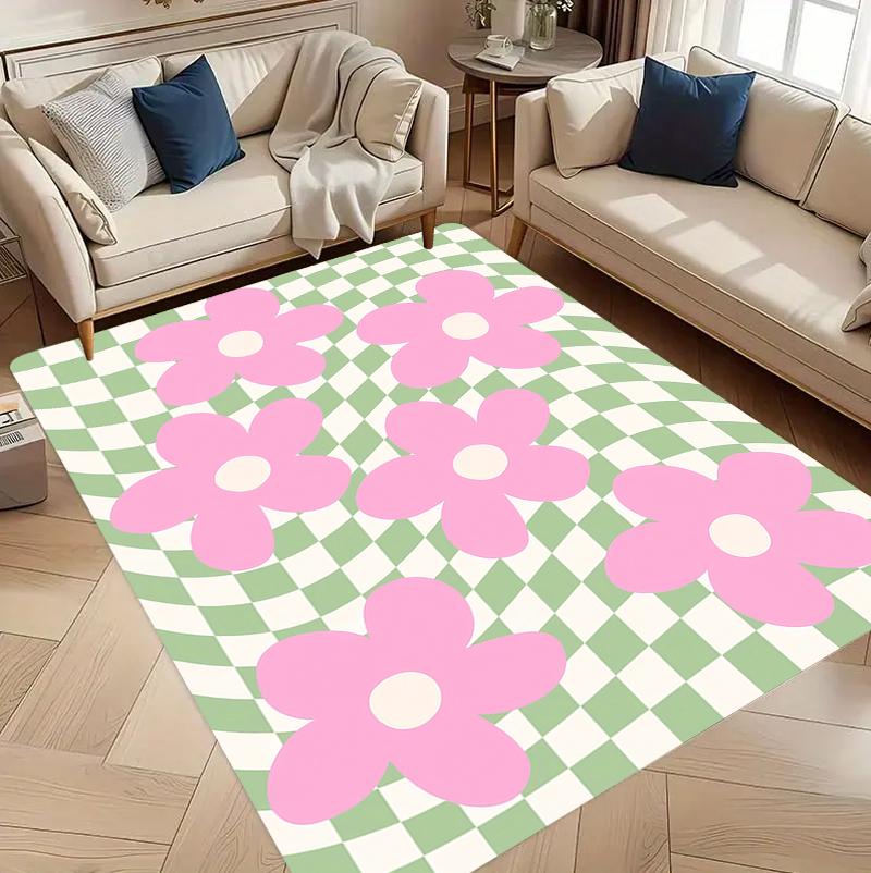 Grid Floral Carpet Mat Rug Home Decoration Living Room Bedroom Floor Decor Pastel Style Non Slip Rugs Living Room Decoration