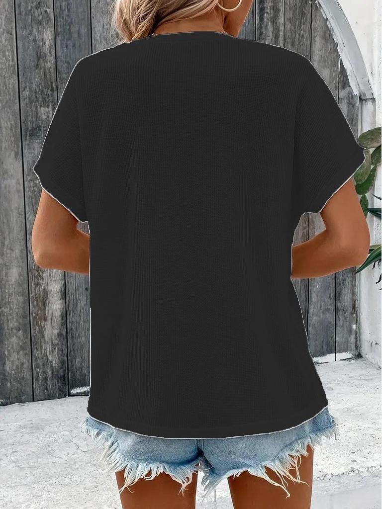 Frühling/Sommer 2025 Damen Plus Size Knopf Kurzarm T-Shirt - Europäischer/Amerikanischer Stil, Einfarbige Mode