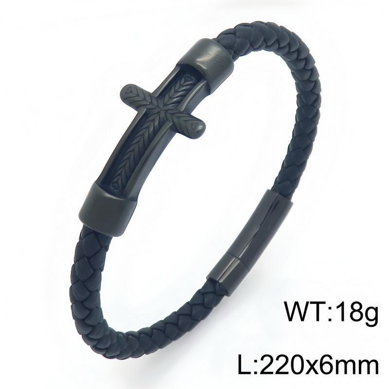 Mens Genuine Leather Bracelet Stainless Steel Wheat Cross Charm Braided Leather Bracelets Religious Christian Jewelry for Men