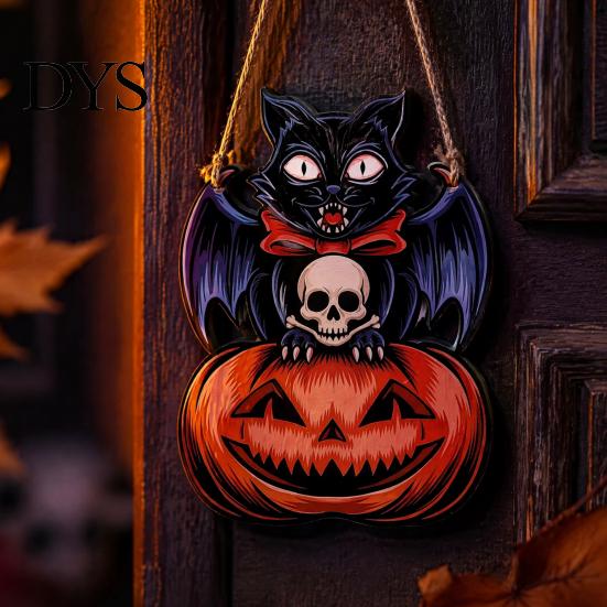 Autumn Theme Wall Ornament Halloween Wooden Door Hanging Sign, Black Cat Bat Pumpkin Plaque with Creative Holiday Party Supplies Jute Rope, Farmhouse