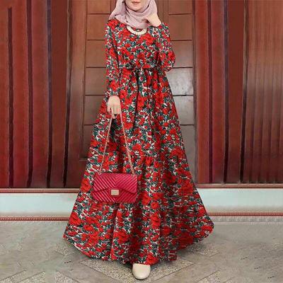 Retro Cross-border Long Sleeve Muslim Sun Dress with Belt
