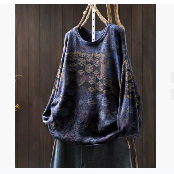 Winter Retro Color Cotton Knit Sweater Women's Loose Large Board Personality Casual Round Neck Pullover