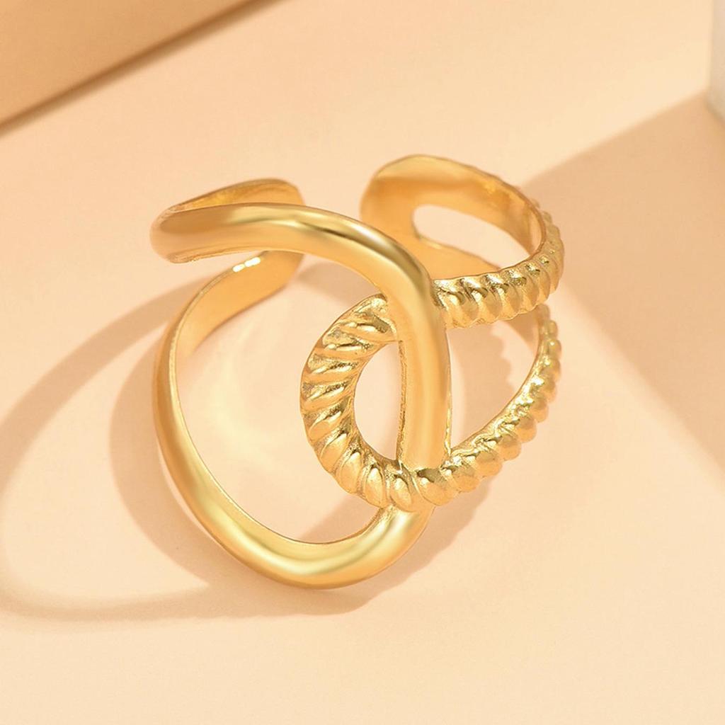 European Geometric Stainless Steel Open Ring: Gold-Plated Intersecting Design for Women