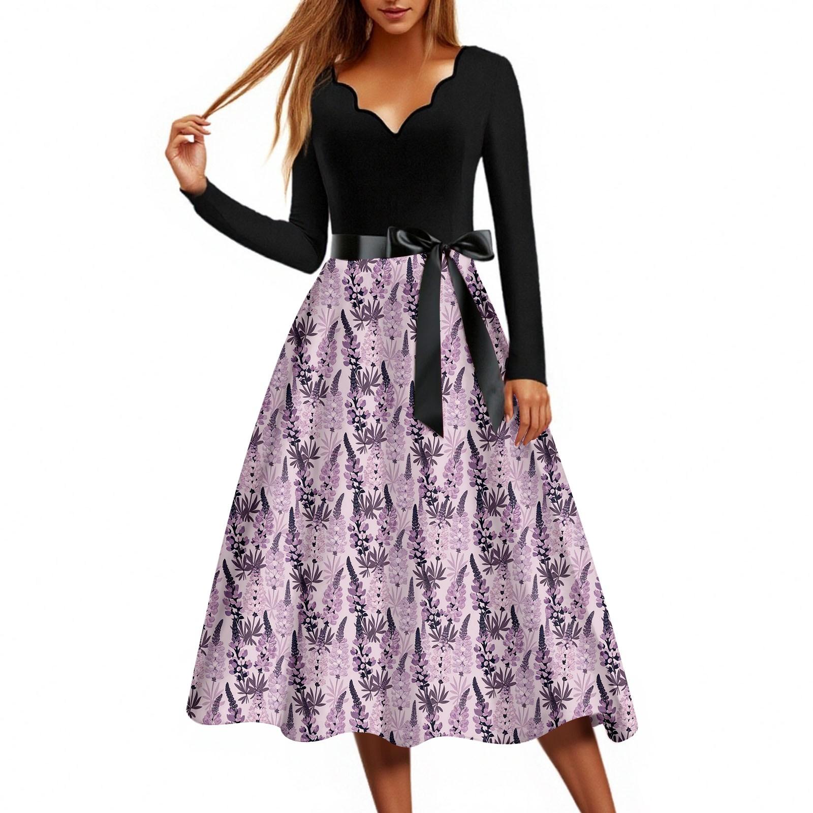 

Women s Casual Fashion Floral Print Wave V Neck Vintage Dress XXXL фіолетовий