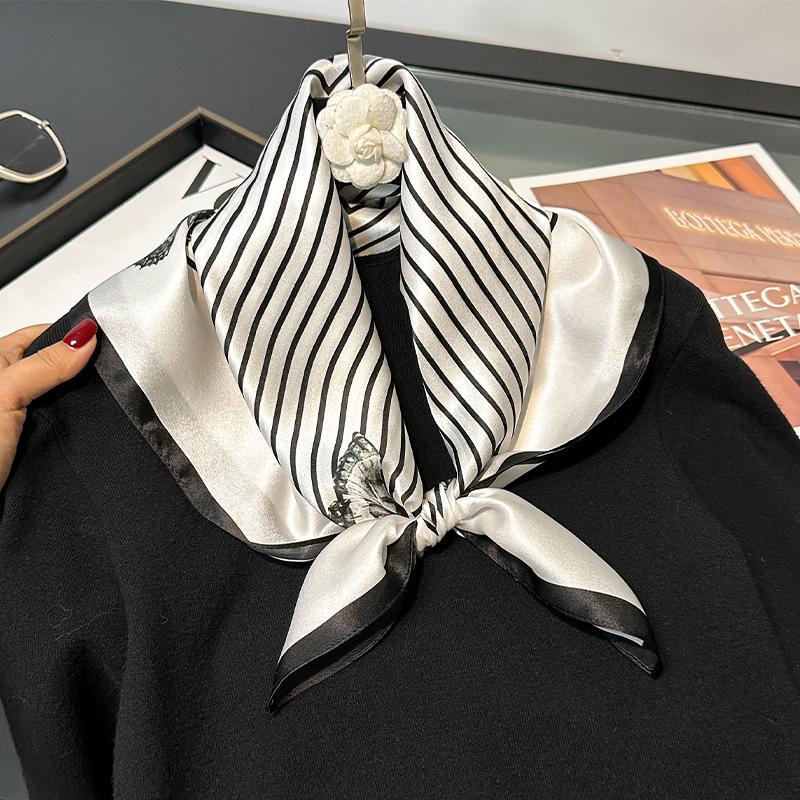 Black and white striped small square scarves, silk scarves, women s headscarves, spring and autumn pairings,  professional decorations, neck warmers 68*68cm