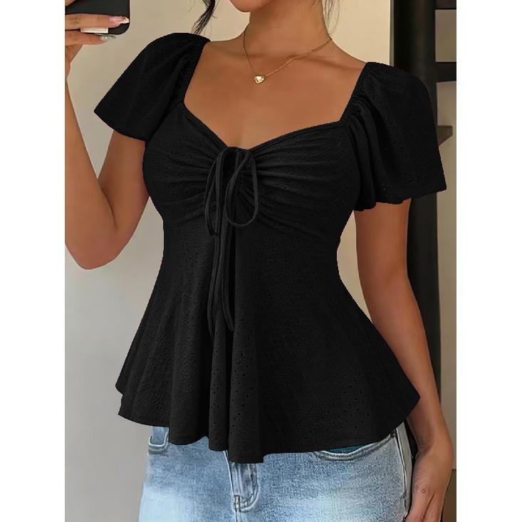 2026 Summer New V-neck Drawstring Tie Sexy Short Sleeve Solid Color Women's T-shirt