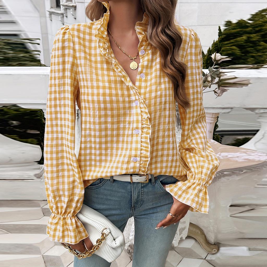 Camisa de Cuadros con Cuello en V para Mujer Camisa con Volantes Top de Manga Larga
