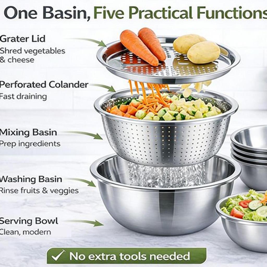 Stainless Steel Strainer Basin Washing Draining 26cm Colander Basket Set for Vegetables Fruits Rice Washing Draining Kitchen