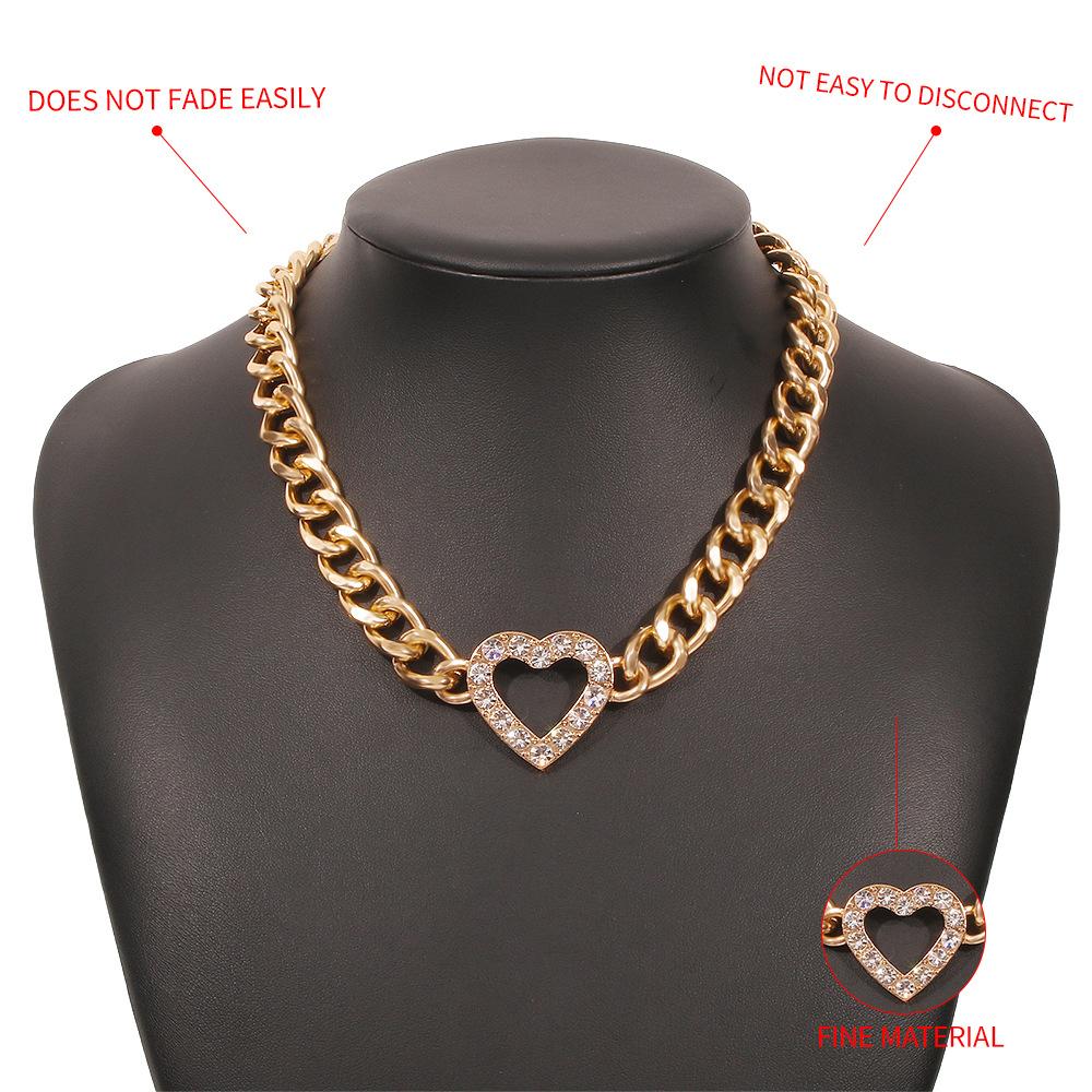 Women Streetwear Metal Chain Necklace Rhinestone Hollow Heart Clavicle Necklace Hip Hop Simple Personality Choker Jewelry