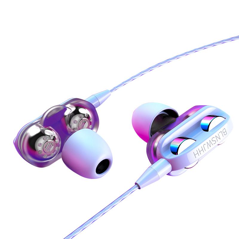 Dual Moving Coil Quad-core Earphones Wire-controlled Earphones Subwoofer Heavy Bass Earphones
